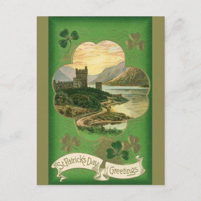 Vintage St. Patricks Day Greetings Shamrock Castle Postcard (Front)