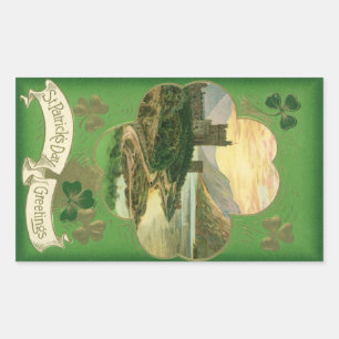 Vintage St. Patricks Day Greetings Shamrock Castle Rectangular Sticker