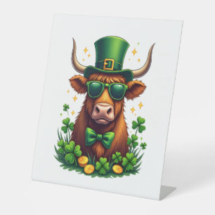 Vintage St. Patricks Day Highland Cow with Shamroc Pedestal Sign
