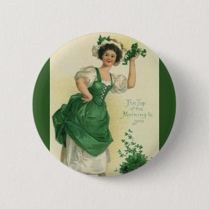 Vintage St. Patrick's Day Irish Lass with Clovers 6 Cm Round Badge