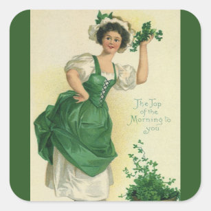 Vintage St. Patrick's Day Irish Lass with Clovers Square Sticker