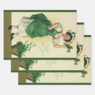 Vintage St. Patrick's Day Irish Lass with Clovers Wrapping Paper Sheet