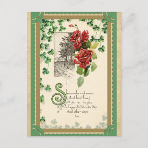 Vintage St Patricks Day Irish Shamrock and Rose Postcard