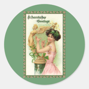 Vintage St. Patrick's Day Lady Music Musician Harp Classic Round Sticker