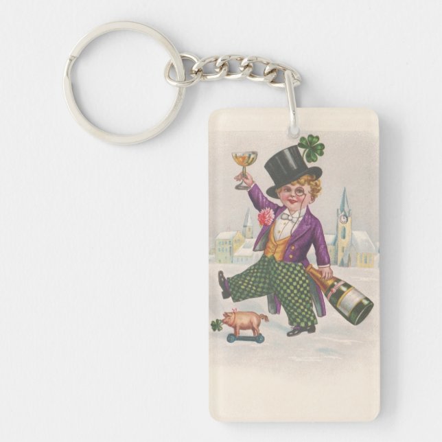 Vintage St Patricks Day Shamrock Champagne Key Ring (Front)