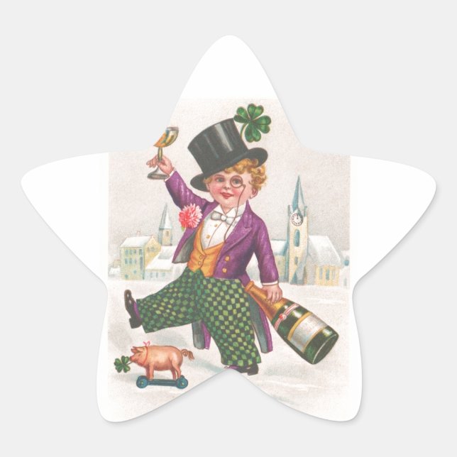 Vintage St Patricks Day Shamrock Champagne Star Sticker (Front)