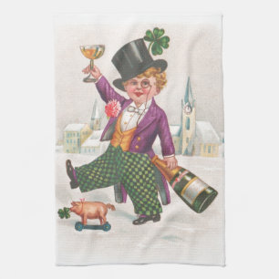 Vintage St Patricks Day Shamrock Champagne Tea Towel