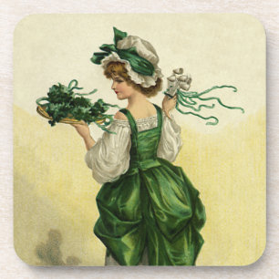 Vintage St. Patrick's Day, Woman Green Shamrocks Coaster