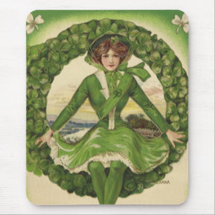 Vintage St. Patrick's Day, Wreath with Irish Lass Mouse Pad