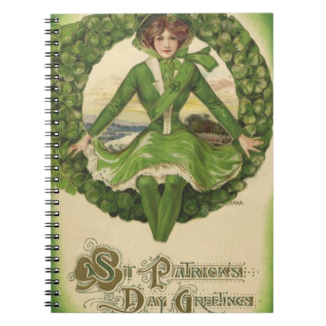 Vintage St. Patrick's Day, Wreath with Irish Lass Notebook (Front)