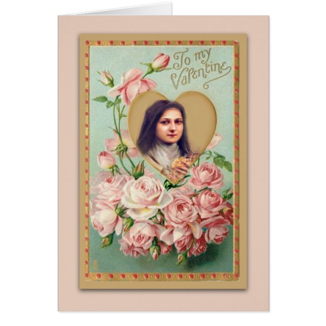 Vintage St. Therese Card with Pink Roses (Front)