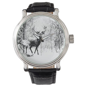 Vintage Stag Deer Black White Animal Watch