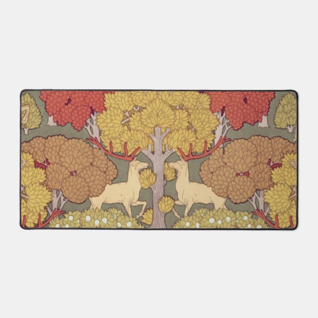 Vintage Stag Deer Forest Sage Green Pattern Desk Mat (Front)