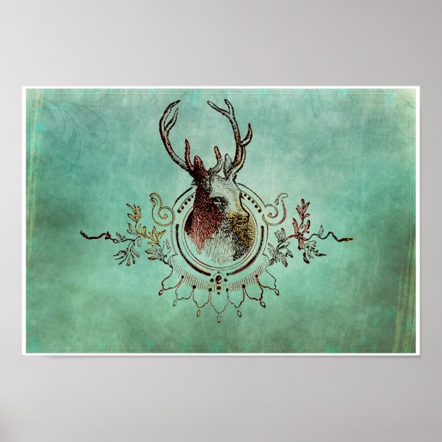 Vintage Stag Head Teal Poster (Front)