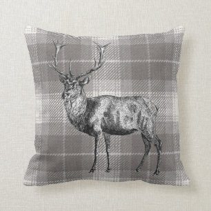 vintage stag on medium grey check cushion