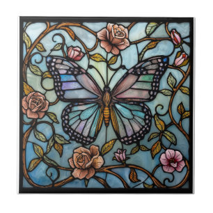 vintage stain glass blue butterfly art  ceramic tile