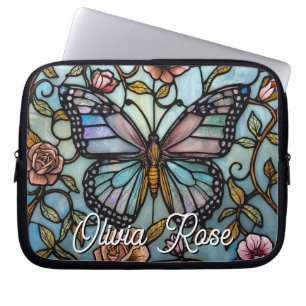 Vintage stain glass blue butterfly art laptop sleeve