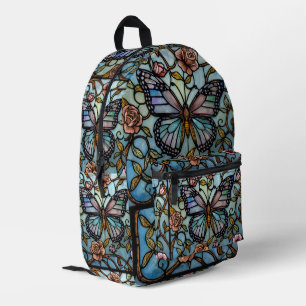 vintage stain glass blue butterfly art printed backpack