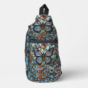 vintage stain glass blue butterfly art sling bag