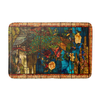 Vintage Stained Glass with Peacocks and Flowers Bath Mat
