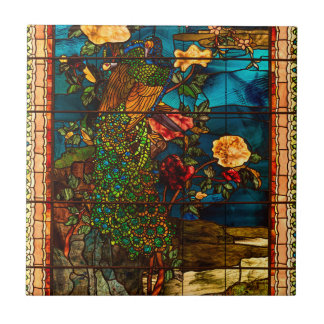 Vintage Stained Glass with Peacocks and Flowers Ceramic Tile