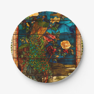 Vintage Stained Glass with Peacocks and Flowers Paper Plate