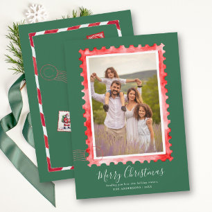 Vintage Stamp Red Green Family Christmas Holiday Card