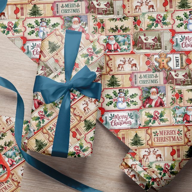 Vintage Stamp Ticket Cute Christmas Wrapping Paper (Creator Uploaded)