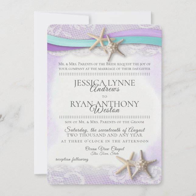 Vintage Starfish Beach Orchid and Turquoise Invitation (Front)