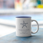 Vintage Starfish Destination Wedding Favour Two-Tone Coffee Mug<br><div class="desc">Commemorate your destination wedding in tropical style with these wedding favour mugs,  featuring a vintage style starfish illustration in navy blue,  with the couple's names,  wedding date and location. Choose the two tone style for a matching pop of colour inside the mug!</div>