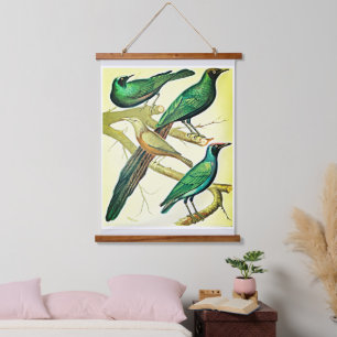 vintage starlings and mynah birds hanging tapestry