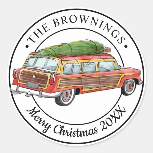 Vintage Station Wagon Tree Christmas Classic Round Sticker (Front)