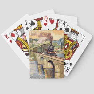 Vintage Steam Engine crossing Bridge painting Playing Cards