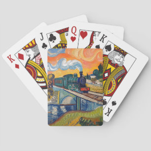Vintage Steam Engine crossing Bridge painting Playing Cards