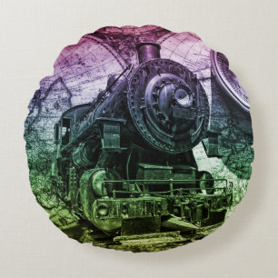Vintage Steam Engine Locomotive Round Cushion