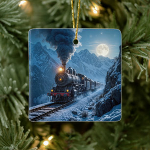Vintage Steam Locomotive In Moonlight Ceramic Ornament