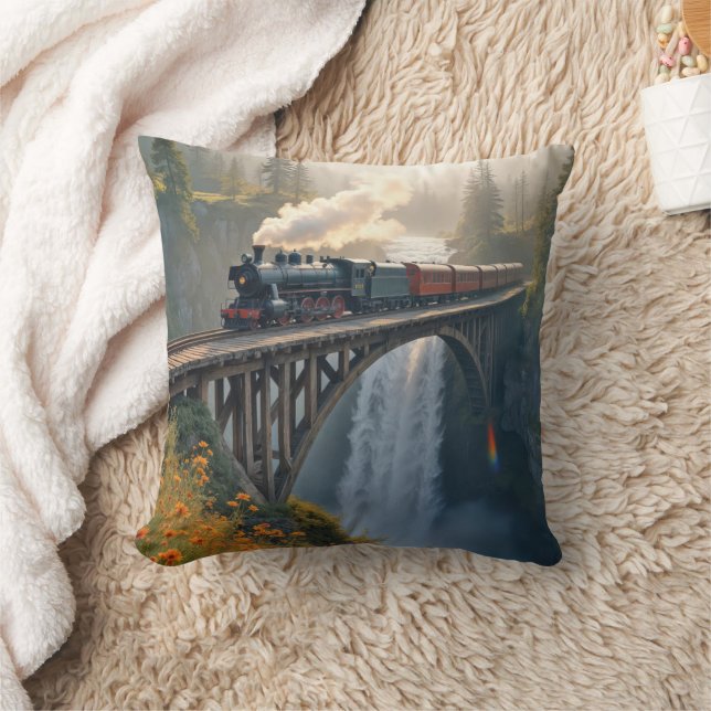 Vintage Steam Locomotive On a Train Trestle Cushion (Blanket)