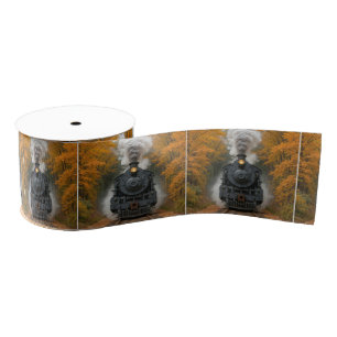 Vintage Steam Locomotive Train In Autumn Woods Grosgrain Ribbon