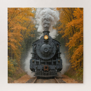 Vintage Steam Locomotive Train In Autumn Woods Jigsaw Puzzle