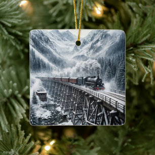 Vintage Steam Locomotive Train On Mountain Trestle Ceramic Ornament