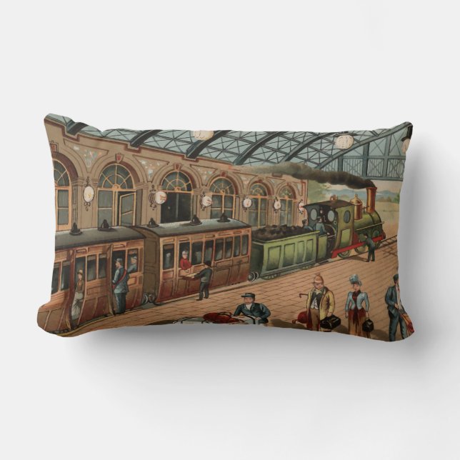 Vintage Steam train and station scene Lumbar Cushion (Front)