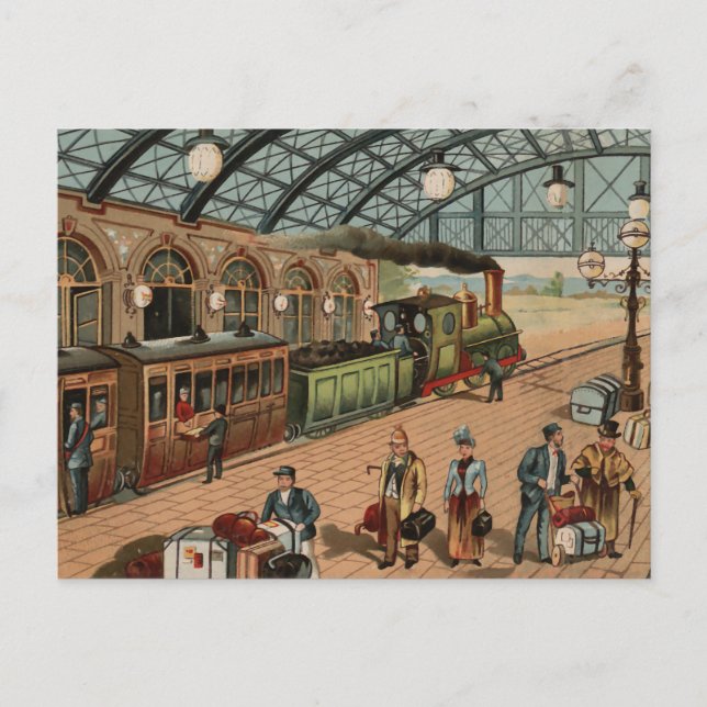 Vintage Steam train and station scene Postcard (Front)