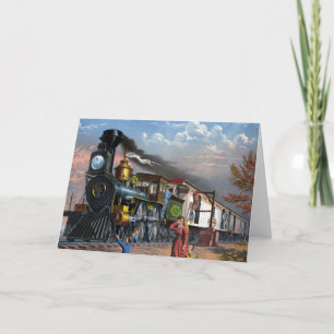 Vintage Steam Train at Station illustration Holiday Card