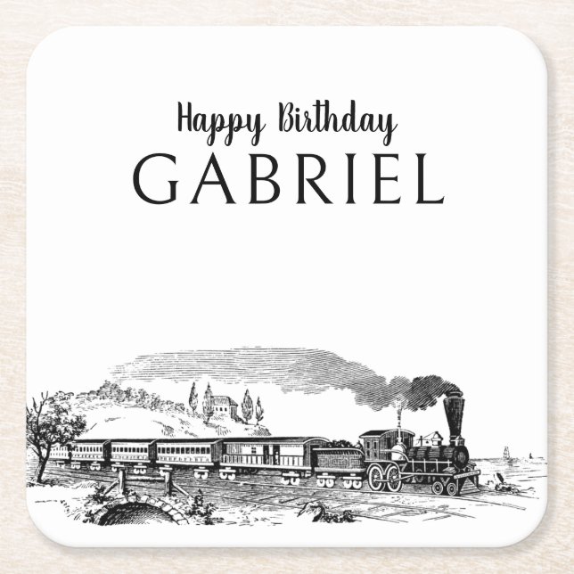 Vintage Steam Train Birthday  Square Paper Coaster (Front)