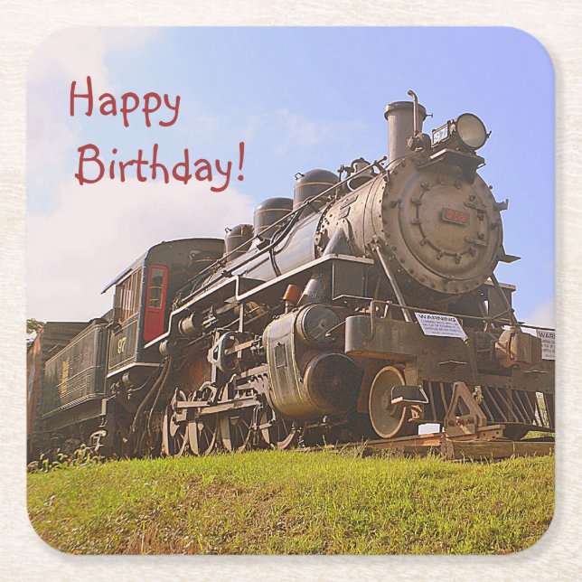 Vintage Steam Train Birthday Square Paper Coaster (Front)