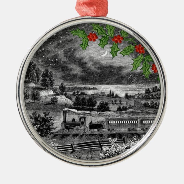 Vintage Steam Train Drawing Holly Metal Ornament (Front)