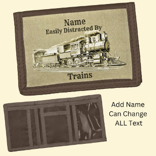 Vintage Steam Train Easily Distracted By, Add Name Trifold Wallet