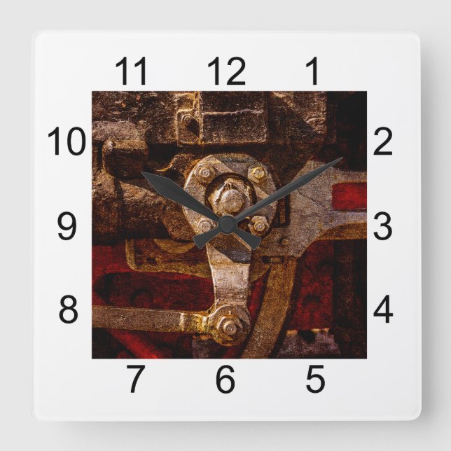 Vintage steam train gear square wall clock (Front)