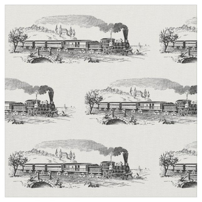 Vintage Steam Train Illustration Pattern Fabric (Close Up)
