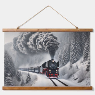 Vintage Steam Train in Snowy Forest Hanging Tapestry